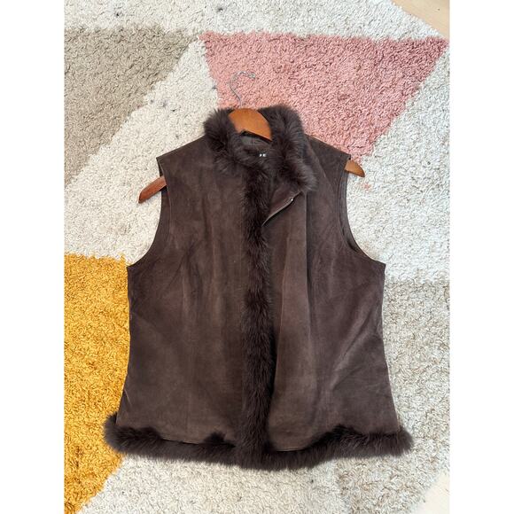 Brown Suede Fur Trimmed Vest Y2K Vintage Size 12/L Heritage Fall Vibes - Picture 5 of 8